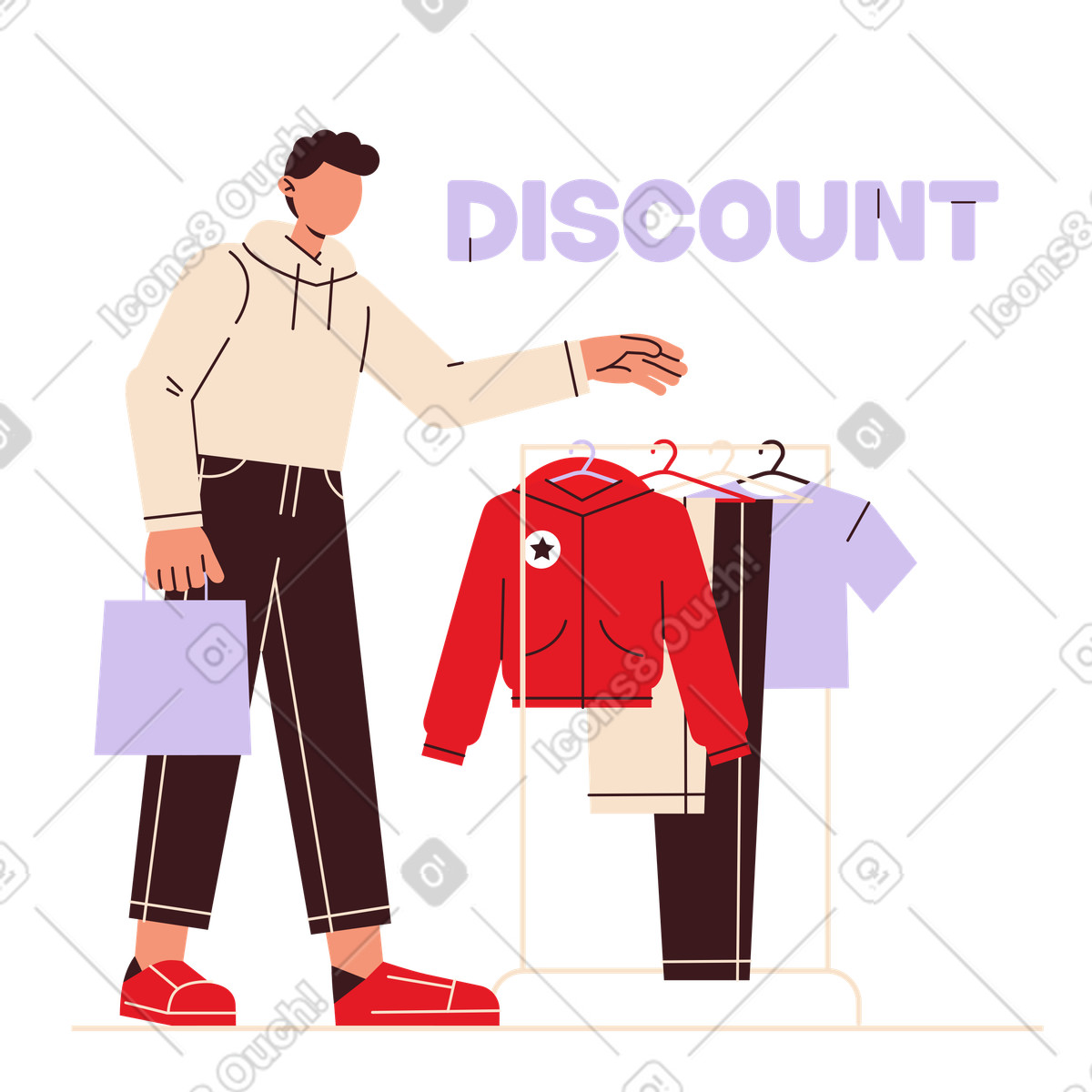 Lettering Discount with man who buys clothes on sale text illustration in Folks style download in PNG, SVG
