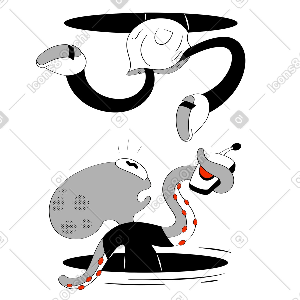 Illustration Teleportation gone wrong, Technical problem or bad gateway metaphor dans le style Looney à télécharger aux formats PNG, SVG