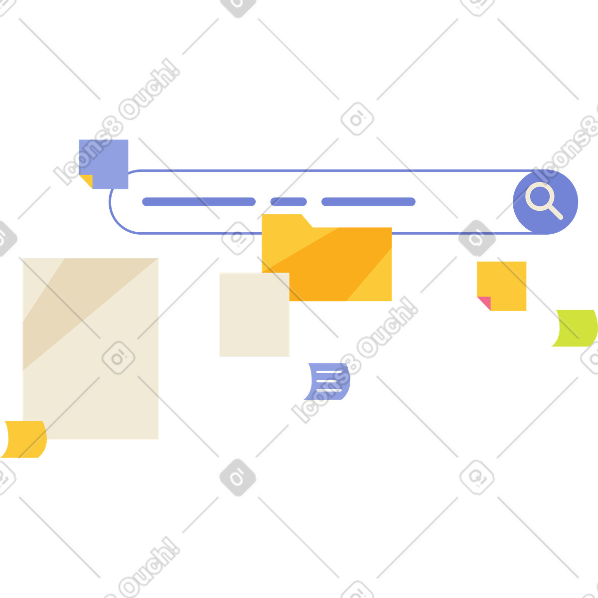 Illustration Dossiers volants et barre de recherche dans le style Juicy à télécharger aux formats PNG, SVG