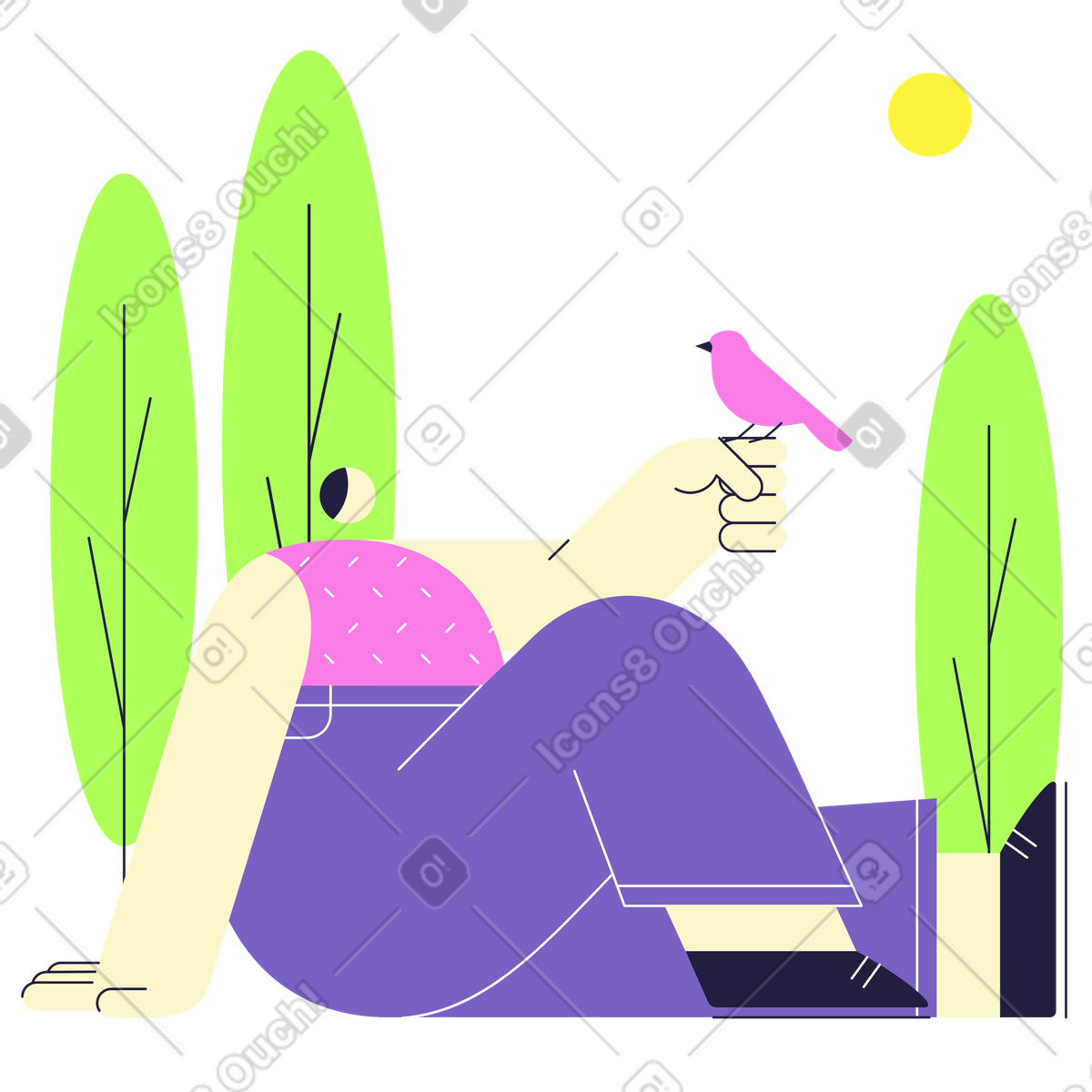 Ilustración Mujer sosteniendo un pájaro y disfrutando de la naturaleza. en estilo Mellow a descargar en PNG SVG