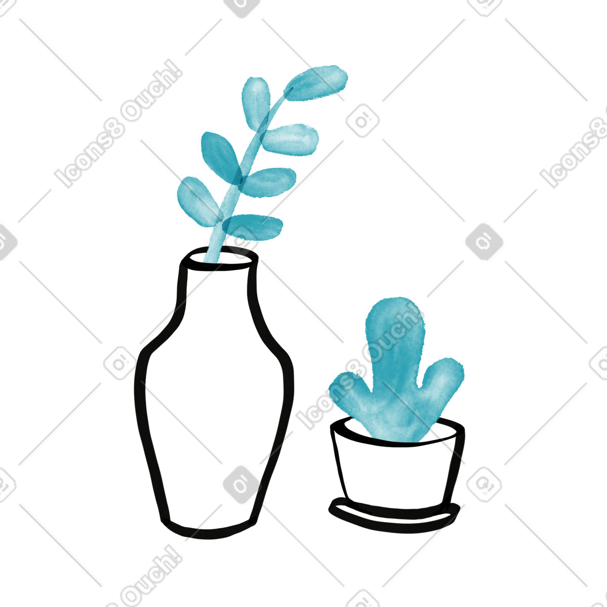 Illustration Plants in vase and pot minimal line art home decor dans le style Watercolor sketch à télécharger aux formats PNG, SVG