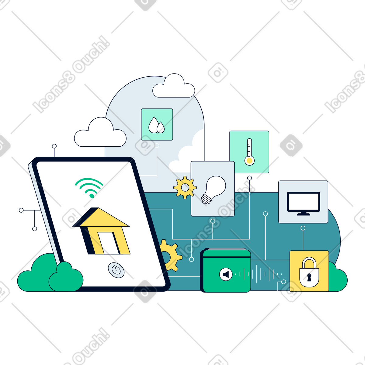 Tablet displaying smart home control panel, IoT automation and remote monitoring illustration in Teal style download in PNG, SVG