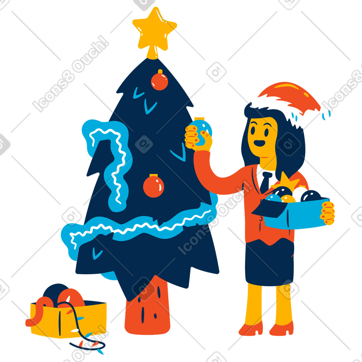Ilustración Decorating Christmas tree with baubles, Festive home decor en estilo Flame a descargar en PNG y SVG