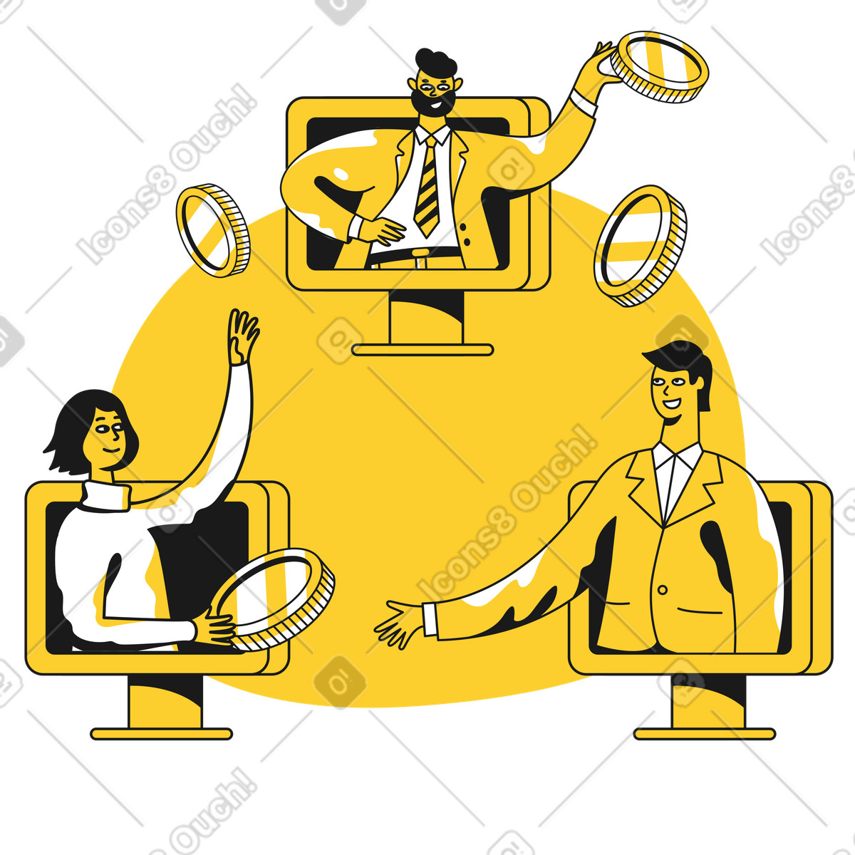 P2P payment with people, money and monitors illustration in Taxi style download in PNG, SVG