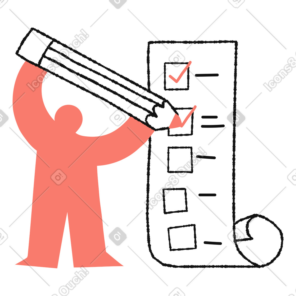 Checklist character marking tasks completed with oversized pencil illustration illustrazione in stile scarica in PNG, SVG