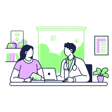 A friendly doctor is sitting at a desk in an office, engaged in a discussion with a patient. The doctor is wearing a white coat and has a stethoscope around their neck. On the desk, there is a laptop open, along with a notepad and a pen. The patient, sitting across from the doctor, appears attentive while holding a printed document. Behind them, there is a bookshelf filled with medical books and a potted plant on a side table. A large window allows natural light to fill the room, creating a welcoming atmosphere.