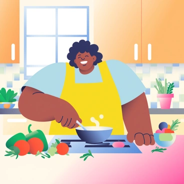 A plus-sized woman with medium skin and curly hair is joyfully cooking in a cozy kitchen. She is wearing a bright yellow apron over a light blue shirt and is smiling as she stirs a pot on the stovetop. The kitchen is filled with warm wooden cabinets and a colorful tile backsplash. Fresh ingredients like green bell peppers, ripe tomatoes, and fragrant herbs are spread across the countertop. A bowl filled with colorful fruits sits beside her, and a potted plant is placed on the windowsill, allowing sunlight to filter in. The atmosphere is inviting and filled with the essence of home cooking.