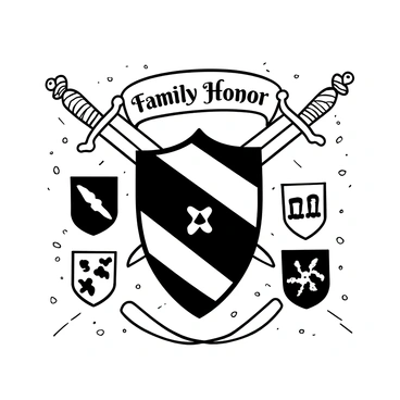 A large shield positioned at the center, featuring intricate patterns and a bold family crest emblazoned across its surface. Flanking the shield, two crossed swords with ornate hilts, each extending outward. Above the shield, a decorative banner displaying the words "Family Honor" in an elegant font. Surrounding the central elements, smaller shields with unique crests and patterns, positioned symmetrically. The background features a textured surface reminiscent of aged parchment.