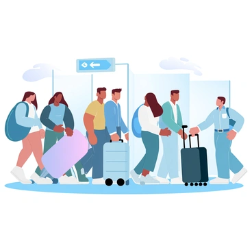 A group of travelers is lined up at an airport security checkpoint. There are several individuals with various luggage items, including rolling suitcases and backpacks. A security officer is seen scanning bags with a metal detector. In the background, there are signs directing passengers and clear barriers separating the security area from the rest of the airport. The scene is filled with a sense of anticipation and movement as people prepare for their journeys.