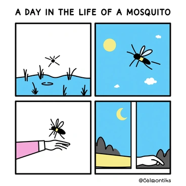 A comic strip divided into four panels, illustrating "a day in the life of a mosquito." The first panel shows the mosquito, depicted in a simplistic style, emerging from a small puddle, surrounded by blades of grass. The second panel captures the mosquito flying through a bright blue sky, showcasing small clouds and a distant sun. In the third panel, the mosquito is landing on a human arm, carefully poised with its wings raised. The final panel depicts the mosquito resting on a windowsill at dusk, with a soft silhouette of trees and the moonlight casting gentle shadows.