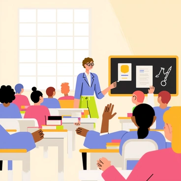 A teacher with short brown hair is standing at the front of a bright classroom. The teacher is wearing glasses and a blue shirt while pointing at a colorful poster on the wall. The classroom is filled with students, some raising their hands and others taking notes. The students are diverse, with different hairstyles and clothing styles. Desks are arranged in neat rows, and there are stacks of books on each desk. A large window lets in sunlight, illuminating the room. A blackboard with chalk drawings is visible behind the teacher, adding to the educational atmosphere.