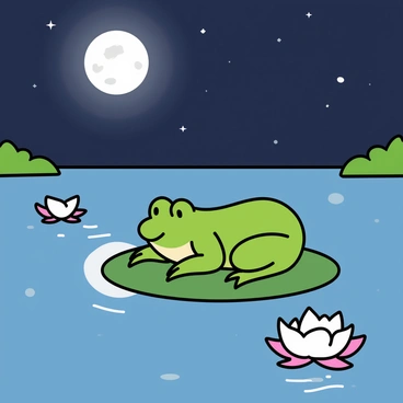 A calm pond with clear water reflecting the moonlight. In the center, a vibrant green frog, or "grenouille," is resting on a round lily pad, its smooth texture contrasting with the soft, round edges of the pad. The moon hangs low in the night sky, casting silvery light that glimmers on the surface of the water. A few white and pink water lilies are scattered around the pond, their petals unfolding gracefully. Gentle ripples disturb the water, hinting at the quiet night breeze. Small twinkling stars are visible above, adding to the tranquil atmosphere of the scene.