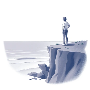 A person standing on the edge of a cliff. They have a relaxed posture with their hands resting on their hips. The figure is gazing out towards the horizon where the sea meets the sky. The cliffside is rugged with jagged rocks and patches of grass. The sea below appears vast and endless, with gentle waves lapping against the rocky base of the cliff. The sky above is expansive, hinting at a moment of quiet reflection.