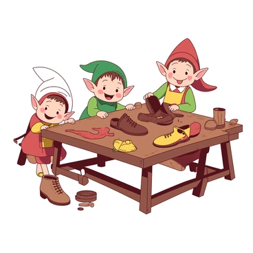 A group of small, playful elves with pointed ears and mischievous smiles are gathered around a wooden shoemaker's table. The table is cluttered with various shoe designs, leather scraps, and tools. The elves are meticulously placing a pair of shiny, completed shoes in the center of the table. Each shoe is crafted with intricate details, featuring colorful stitching and small embellishments. One elf is peeking over the edge of the table, while another is standing on tiptoe to reach higher. The scene is illuminated by soft, warm light that highlights the elves' excitement and the craftsmanship of the shoes.