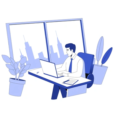 A private equity fund manager is seated at a stylish desk in a modern office environment. The desk is neatly organized, featuring a laptop open with financial reports displayed on the screen. A stack of documents is positioned to the side, alongside a sleek pen and a notepad filled with notes. The fund manager is dressed in professional attire, focused on analyzing the reports. Behind the manager, large windows frame a city skyline, allowing natural light to fill the space. A potted plant adds a touch of greenery to the sophisticated atmosphere.