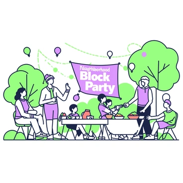 A lively neighborhood block party with residents sharing food and games