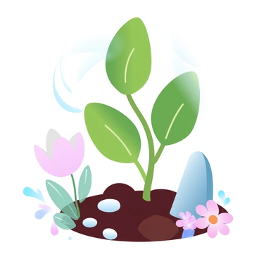 A young fig sapling with vibrant green leaves is sprouting in a garden bed. The sapling is surrounded by rich, dark soil, and several small pebbles are scattered around its base. Nearby, there are patches of soft, colorful flowers in bloom, adding diversity to the garden. Sunlight filters through the leaves of nearby plants, casting delicate shadows on the ground. A garden tool, such as a small trowel, rests on the soil beside the sapling, suggesting recent care and attention.