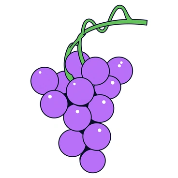 A close-up illustration of a cluster of ripe, purple grapes hanging from a green vine. Each grape is plump and glistening with drops of dew, reflecting light. The vine has twisting, leafy stems that are rich green in color. The background is a soft focus, emphasizing the vibrant grapes in the foreground.