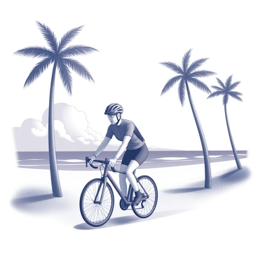 A cyclist is riding a bicycle along a sandy beach. The cyclist wears a helmet and sports gear, focusing on the path ahead. Surrounding the beach are several tall palm trees swaying gently in the breeze. In the background, there are some distant ocean waves lapping at the shore, and the sky is partially filled with fluffy clouds. The scene captures a sense of adventure and exploration in a vibrant environment.