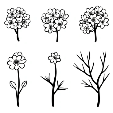 A cluster of hydrangea flowers arranged to show their transformation across different seasons. In the first section, delicate blossoms with intricate petals are pictured in full bloom, displaying their lush form. The second section illustrates the same flowers as they begin to wilt, the petals slightly drooping and losing their fullness. The third section shows the flowers in late autumn, with hints of brown and dryness setting in, while the final section depicts the bare branches of the hydrangea, showcasing their structure without blooms. Each section is clearly divided, highlighting the changes in form and texture throughout the year.
