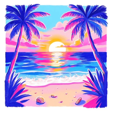 A tropical island at sunset features vibrant skies with hues of orange, pink, and purple blending seamlessly. The sun is positioned just above the horizon, casting a warm glow across the scene. Gentle ocean waves lap against the sandy shore, creating a rhythmic pattern. Silhouette of palm trees frames the scene on either side, their leaves swaying softly in the breeze. A few scattered seashells are visible in the sand, adding to the beach atmosphere.