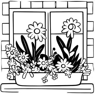 A window box overflowing with various types of flowers, including tall sunflowers, small daisies, and lush green foliage. The box is positioned on a wooden window ledge of a brick building. In the background, a bustling city street is visible, with people walking along the sidewalks and cars lining the road. The scene captures the contrast between the vibrant flowers and the urban environment.