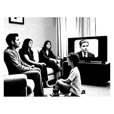 A family of four is gathered in a cozy living room, focused on a vintage television set displaying a Cold War news broadcast. The parents are seated on a worn-out sofa, with the father leaning slightly forward, his hands resting on his knees. The mother sits beside him, with her arms crossed and an attentive expression. A young boy stands in front of the TV, his eyes wide with curiosity, while his younger sister sits on the floor, playing with a toy truck, momentarily distracted by the screen. The room is decorated with retro furniture and patterned wallpaper, enhancing the vintage atmosphere. The television screen shows a black-and-white image of a news anchor speaking, capturing the seriousness of the moment.