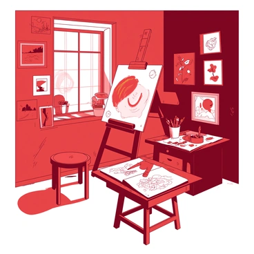 A red artist's studio filled with vibrant sketches and paintings adorning the walls. There is a large white easel supporting a canvas with a partially completed painting featuring swirls of color. A small wooden table is cluttered with brushes, tubes of paint, and a sketchbook opened to a page with a detailed pencil drawing. Light streams in through a window, illuminating the space and casting shadows on the floor. A stool is positioned nearby, inviting creativity. Various artworks hang on the walls, each showcasing a different style and subject, creating a lively atmosphere.
