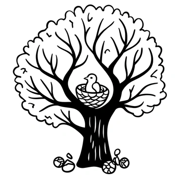 A lark nestled in a cozy nest made of acorns and twigs in an oak tree.