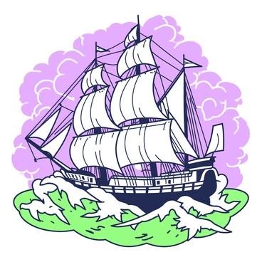 A grand historical ship with multiple sails unfurled is navigating through a tumultuous sea. The ship's tall masts are adorned with billowing sails, showcasing intricate rigging and flags fluttering in the wind. Waves crash against the hull, creating splashes of water around the vessel. The background features a dark sky filled with swirling clouds, while rays of light pierce through, casting dramatic shadows across the scene. The engraving style emphasizes the details of the ship, with bold lines and textures highlighting its grandeur and the chaos of the surrounding water.