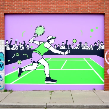 A large mural on a city building wall showcases a dynamic tennis scene. In the center, a tennis player in mid-swing is depicted with intense focus, wearing a sporty outfit. The player is positioned on a bright green court marked with white lines. A tennis ball is captured in motion, flying towards the player’s racket. Surrounding the player, there are stylized elements that suggest movement, such as lines and swirls. In the background, silhouettes of cheering spectators add energy to the scene. The mural is framed by the urban environment, with bricks and graffiti on the building's surface.