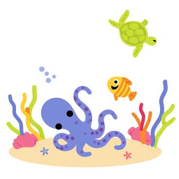 A whimsical underwater scene filled with colorful sea creatures performing shoulder rolls. A bright blue octopus with purple spots is rolling playfully, its tentacles swirling around. Nearby, a cheerful yellow fish with orange stripes is imitating the octopus, showing a big smile. A green sea turtle gracefully glides above them, its flippers outstretched. Bubbles rise from their movements, creating a lively atmosphere. Coral reefs with vibrant colors frame the scene, and small starfish are scattered across the sandy ocean floor, adding to the playful environment.