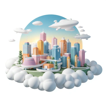 A futuristic city, featuring a complex skyline made up of vibrant, multicolored buildings with sleek designs. The structures are interconnected with transparent walkways and greenery, showcasing an innovative architectural style. Airships float gracefully among the clouds, their streamlined forms contrasting against the soft, fluffy clouds. The cityscape is illuminated with bright lights, creating a lively atmosphere. The sky transitions from blue to a warm sunset hue, enhancing the sense of height and wonder in this elevated urban environment.