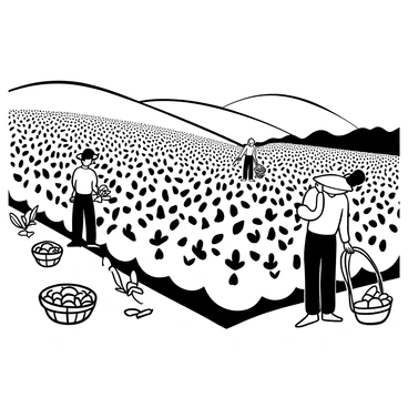 A picturesque tea garden filled with neatly organized rows of tea plants. Workers dressed in traditional attire are harvesting the tea leaves, each wearing a conical hat that shields them from the sun. The scene captures the vibrant activity within the garden, with baskets filled with freshly picked tea leaves resting on the ground. In the background, gentle hills rise, the landscape is dotted with more tea plants stretching toward the horizon.