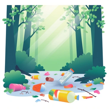 A dense forest filled with tall, green trees and thick underbrush is present in the scene. Sunlight filters through the leaves, casting soft patterns on the ground. Scattered across the ground are various plastic bottles and wrappers in bright colors, contrasting with the natural greenery. Some bottles are clear, revealing remnants of drinks, while others are colored and crumpled. A few wrappers are shiny and crumpled, partially hidden among fallen leaves and twigs. The forest floor is a mix of soil and scattered debris, reflecting both the beauty of nature and the impact of litter.