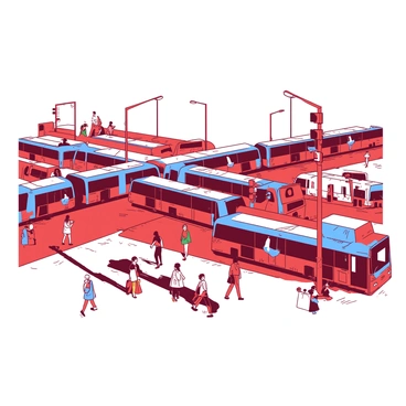 A red city junction is bustling with activity. Numerous cars in various colors are lined up, creating a vibrant scene. Several blue buses are waiting at the bus stops, with their doors open to let passengers on and off. Pedestrians of different ages are crossing the street, some holding shopping bags. Streetlights are visible, and traffic signals are changing as the scene captures the energy of the urban environment.