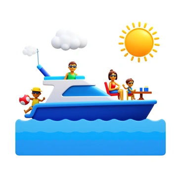 A blue yacht sailing on calm waters. A family is on board, consisting of two parents and two kids. The kids are playing with a beach ball, laughing and running around the deck. One parent is sitting on a sun lounger, wearing sunglasses and a sun hat, while the other parent is preparing refreshments at a small table nearby. The sun is shining brightly, casting vibrant reflections on the water's surface. There are fluffy white clouds in the sky, contributing to the joyful atmosphere of the day.