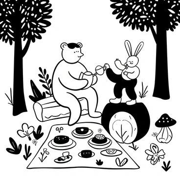 A bear sitting on a large tree stump with a teapot in front of it, pouring tea into a cup held by a rabbit sitting on a small log beside it. Surrounding them, various types of mushrooms and wildflowers grow on the forest floor. In the background, tall trees with dense foliage create a natural setting. A picnic blanket is spread out, with plates of assorted pastries arranged neatly on it. A butterfly is seen fluttering nearby, and birds can be depicted perched on the branches above. The scene conveys a sense of friendship and tranquility in nature.