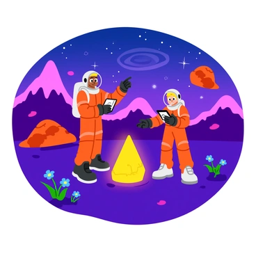 A cosmic scene of astronauts exploring a distant planet's surface