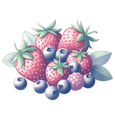 A collection of strawberries, blueberries, and raspberries arranged together to form a bouquet. The strawberries are large and plump, with a green leafy crown atop each one. The blueberries are small and round, scattered throughout the arrangement, while the raspberries are delicate, with their distinct texture. The fruits are intertwined with leafy green stems that provide a natural look to the bouquet. The composition is carefully designed to showcase the different shapes and sizes of the berries, creating a visually appealing display.