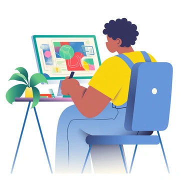 An artist with light skin and curly black hair is sitting at a modern desk, focused on creating detailed vector illustrations on a computer. The artist is wearing a bright yellow t-shirt and denim overalls. The computer monitor displays a colorful design in progress, showcasing a vivid color palette with shades of blue, red, and green. Surrounding the desk are various art supplies, including markers, sketch papers, and a color wheel. A plant with large green leaves is placed on the corner of the desk, adding a touch of nature to the workspace. The artist's expression is one of concentration as they use a digital pen to draw.