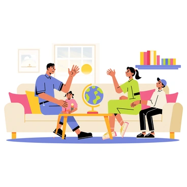 A cozy living room setting with a warm beige sofa and colorful cushions. In the center of the room, a wooden coffee table holds a glowing globe, casting soft light in the space. A family of four is seated around the table, engaged in conversation about their vacation plans. The father, wearing a blue shirt, gestures animatedly while the mother, in a green dress, listens intently with a smile. Two children, a girl with pigtails and a boy with a baseball cap, are eagerly discussing their ideas. In the background, a bookshelf filled with travel books and a window showing a sunny day add to the inviting atmosphere.