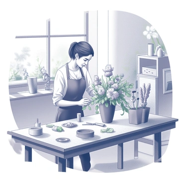 An artisan is focused on creating a floral centerpiece. They are surrounded by various flowers and greenery, meticulously selecting and placing each blossom into an elegant arrangement. The artisan is using a pair of shears, trimming stems to the desired length. The workshop is filled with natural light streaming through a window, illuminating the workspace cluttered with vases, ribbons, and crafting tools. A wooden table is covered with floral materials and tools, emphasizing the artisan's dedication to their craft.