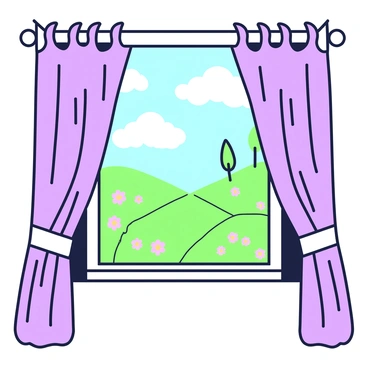 An open window is framed with green and purple drapes. The drapes are gracefully hanging down, with intricate folds creating a natural flow. Through the window, a vibrant landscape is visible. The landscape features rolling hills and a bright sky, scattered with fluffy clouds. Trees with distinctive shapes and colorful flowers dot the scene, enhancing the picturesque view. A gentle breeze appears to sway the drapes slightly, adding movement to the image.