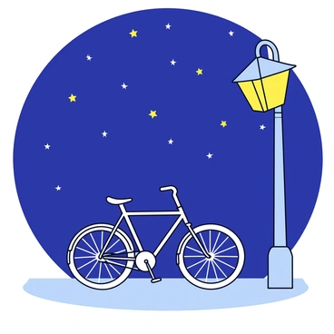 A bicycle with a sleek frame parked next to a vintage streetlamp. The lamp emits a warm yellow light that softly illuminates the surrounding area. The night sky above features a multitude of sparkling stars twinkling against a deep navy backdrop. The scene is quiet and calm, with the bicycle's shadow cast gently on the ground by the lamp's glow.
