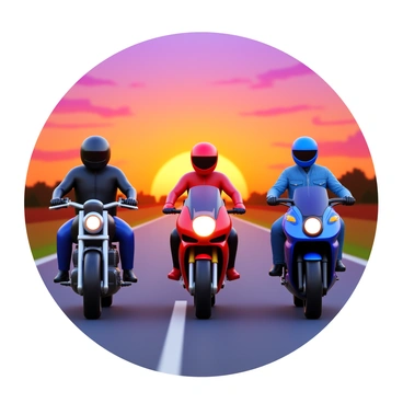 A group of three motorcyclists riding together down an open highway. The first motorcyclist is wearing a black leather jacket and helmet, riding a sleek, shiny motorcycle. The second motorcyclist is dressed in a red helmet and matching jacket, riding a sport bike with an aerodynamic design. The third motorcyclist has a blue helmet, wearing a denim jacket and riding a cruiser motorcycle. The sky is filled with vibrant hues of orange, pink, and purple as the sun sets on the horizon. The road stretches ahead, flanked by silhouettes of trees and fields.