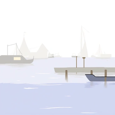 A harbor featuring several boats gently rocking on the water. The scene is enveloped in a thick mist that softens the outlines of the boats and surrounding structures. Silhouettes of moored vessels, some with sails unfurled, can be seen through the mist. Ripples on the surface of the water reflect faint hints of light breaking through the fog. The harbor is lined with wooden docks that stretch out into the misty expanse, adding to the tranquil atmosphere.