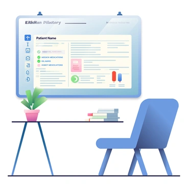 A digital display is mounted on the wall of a modern clinic. The screen shows an "AI-organized patient medical record." The record includes various sections such as "Patient Name," "Medical History," and "Current Medications," all clearly labeled. The background of the display is a light blue, enhancing readability. Beside the display, there is a small potted plant with green leaves, adding a touch of nature to the clinical environment. A few medical charts are neatly arranged on a nearby table, and a comfortable chair is positioned next to the display for patient consultation.