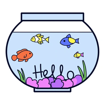 A clear aquarium filled with water. Inside the aquarium, several colorful fish are swimming around. These fish include a bright orange clownfish, a yellow tang, and a blue parrotfish. At the bottom of the aquarium, there is vibrant coral arranged to form the word "Hello." The coral has shades of pink, purple, and green, creating a lively underwater scene.