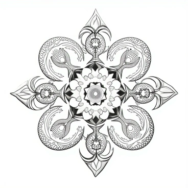 An intricate ink illustration featuring a series of complex patterns and geometric shapes. The design includes swirling lines, sharp angles, and repeating motifs that create a dynamic visual flow. Various textures are evident throughout the composition, showcasing the meticulous craftsmanship of hand-drawn elements. Each section of the illustration contains unique details, inviting the viewer to explore the fine linework and the harmonious arrangement of shapes and patterns.